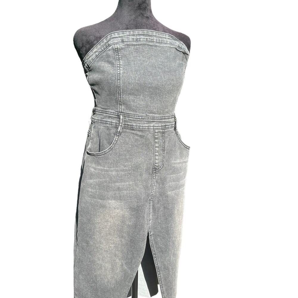 DISTRESSED GRAY DENIM BANDEAU SPLIT FRONT MIDI DRESS SZ L 12-14 - Picture 4 of 8